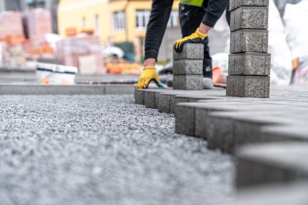 castle paving for the construction of a sidewalk. High quality photo